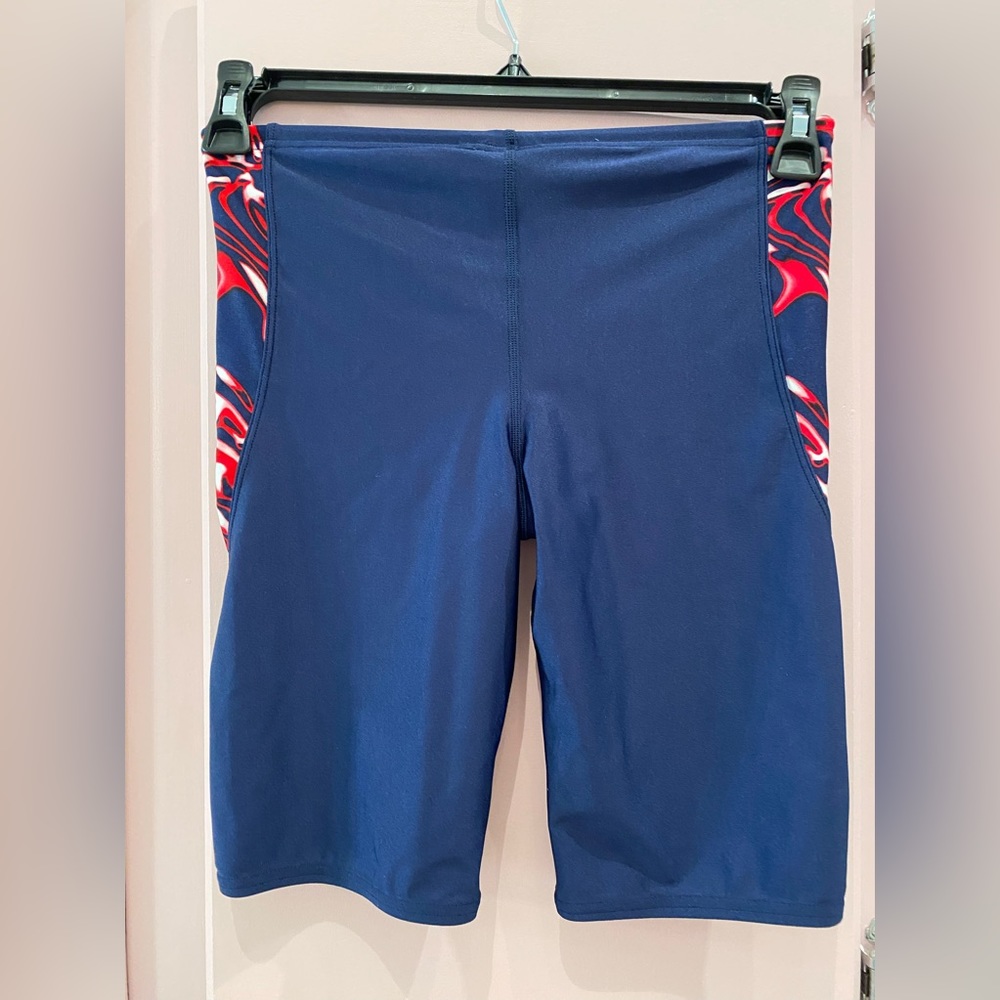 Blue & Red Flame Print Speedo Swimsuit, never worn tags attached, size 34 Men’s